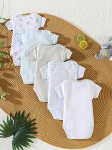 0-9 Newborn Clothing 5PCS Elephant Embroidered Pattern Round Neck Short Sleeve Solid Color Printed Pattern Boys And Girls Baby Bodysuit Triangle Bodysuit Spring/Summer Autumn/Winter Outdoor Fashion Clothing Cute Style