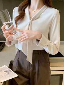 女士长袖纯色衬衫，时尚百搭，适合春夏穿着 - 杏色 - 查看 6