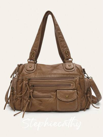 STEPHIECATHY 纯色水洗柔软PU人造革，拉链闭合，多口袋设计，双短肩带，可调节腰带，男女通用，复古休闲实用功能，适合大学生日常通勤。