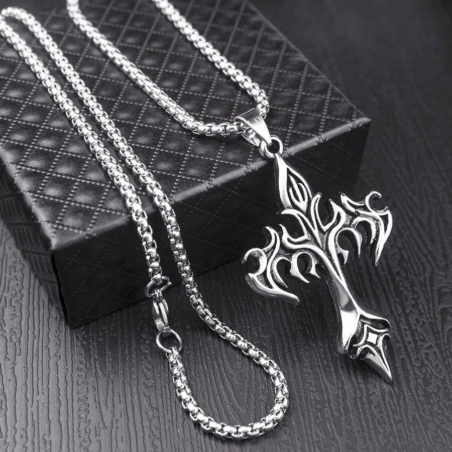1pc Fashionable European & American Retro Style Reversible Cross Pendant Necklace For Men - Antique Silver - View 1