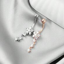 1pc Stainless Steel Plant Dual Rhinestone Flower Navel Piercing Ring, Anti-Allergy - Silver - View 6