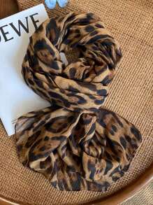 1 pièce Foulard mode femme, foulard de soie oblong imprimé léopard style vintage américain rétro, tissu fin en satin haut de gamme, motif imprimé zébré léopard, châle essentiel pour les voyages extérieurs
