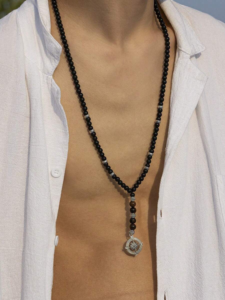 1 Pc Men's Hip-Hop Versatile Long Handmade Beaded Tiger Eye Necklace - Black - View 1