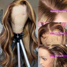 Highlight HD Lace Front Human Hair Wigs P4/ 27 Ombre Brown Colored Brazilian Body Wave HD Lace Frontal Wig For Women Pre Plucked Transparent Lace Wig - S4/27 - 查看 3