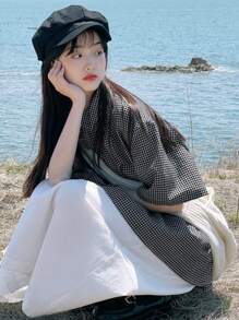 女士正式撞色格纹印花领荷叶边短袖休闲衬衫，适合春夏季