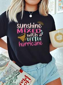 Camiseta de manga corta de cuello redondo negra con estampado casual para niña preadolescente, de verano