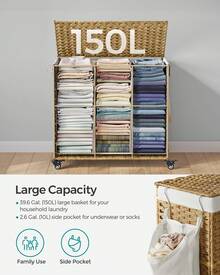 SONGMICS 42.3 Gallon Rolling Laundry Basket With Lid, 3-Section Synthetic Rattan Laundry Hamper With Removable Liner, 27.6x14.2x26 Inches Laundry Bin, For Bedroom, Bathroom, Natural - Natural Color - View 6
