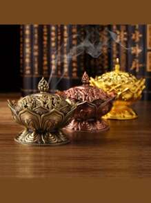 Auspicious Hollow Lotus Mini Incense Burner, Sandalwood Incense Burner, Zinc Alloy Incense Burner Vintage Reflux Ashtray, Bronze Home Decor, Suitable For Office, Meditation Room, Camping, Garden, Yard, Yoga And Home Use, Suitable For Incense Sticks And Cones, Incense Ash Collector.