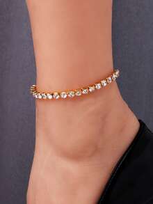 1 st Silver Rhinestone Net Tennis Vristlänk, Enkla Glittrande Kristall Vristkedja Smycken För Strand - Guld - Visa 2