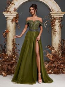 Olive Green Strapless Beaded Sequin Embellished Tulle Dress Beaded Gowns Formal Evening Party Dresses Gowns Wedding Guest Prom Dresses