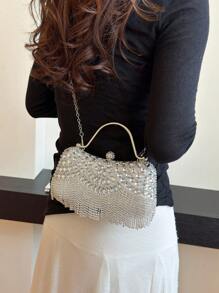 1 geantă nouă de seară cu stras din cristal, clutch cu sclipici cu ciucuri, accesoriu rochie de mireasă de mireasă, geantă de mână cu curea de lanț metalic, cadou pentru femei