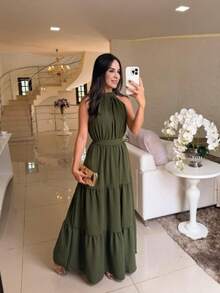 Off Shoulder Dress With Tie Back Style 2025SimpleElegantFabricDressAll - Green - View 1