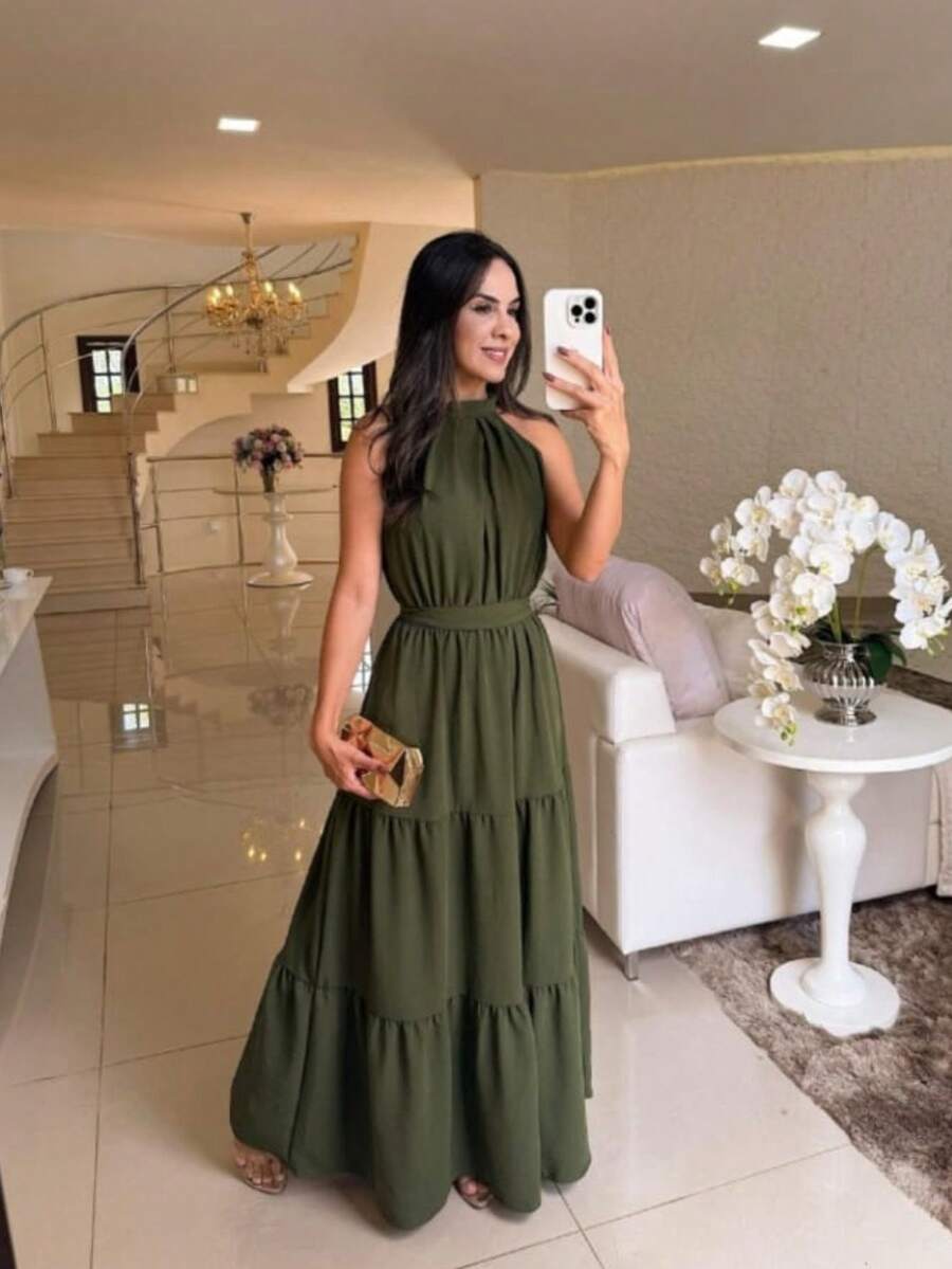 Off Shoulder Dress With Tie Back Style 2025SimpleElegantFabricDressAll - Green - View 1