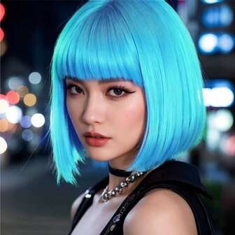 Blue Wig, Short Bob Wig With Bangs, Basic Style, Suitable For Cosplay Wear
