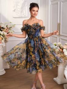 优雅手工花卉装饰露肩网眼花卉派对舞会礼服，女士舞会礼服 - 藏蓝色 - 查看 7