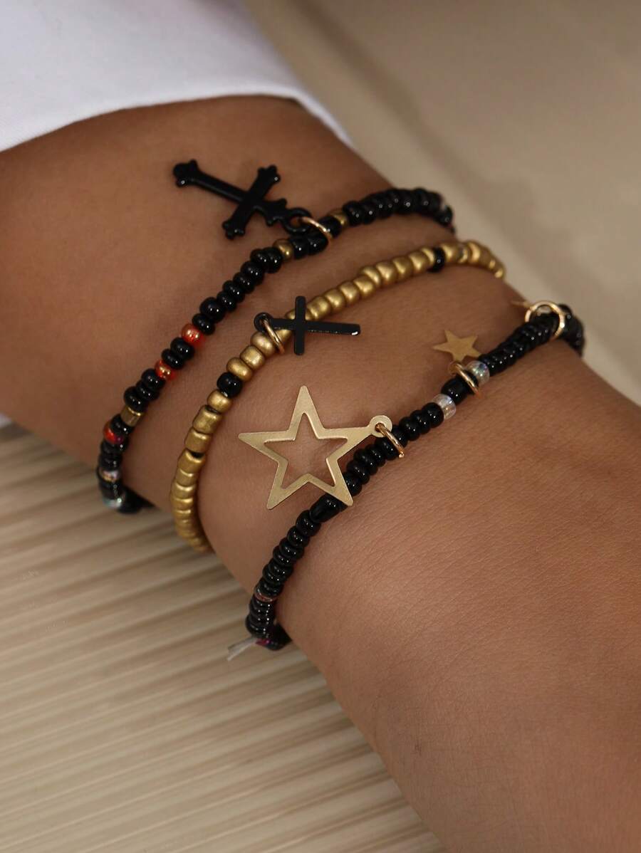 3pcs/Set Star Cross Bead Bracelets Suit For Women, Everyday Wear