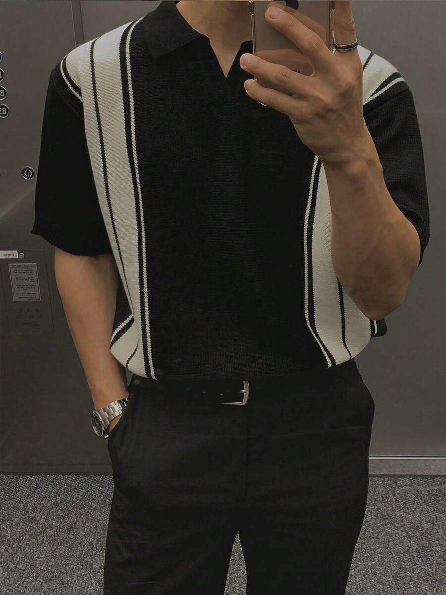 Áo thun dệt kim tay ngắn cổ chữ V dáng rộng, phối màu tương phản, kiểu dáng công sở châu Âu & Mỹ, dành cho cả nam và nữ, hàng mới về mùa xuân/hè. - màu đen - Xem 1