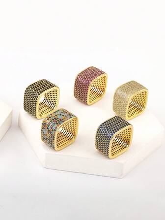 1pc Colorful Zirconia 18K Gold Plated Copper Square Ring, Luxury Jewelry Gift For Women, Friends, Lover, Party