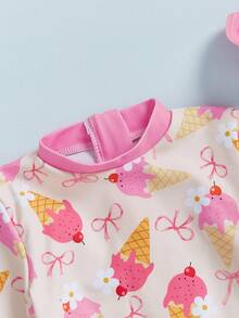 Baby Girl Swimsuit Long Sleeve Strawberry/Ice Cream Bathing Suit With Hat Infant Toddler Rashguard Swimwear Sunsuit - Yellow - View 3