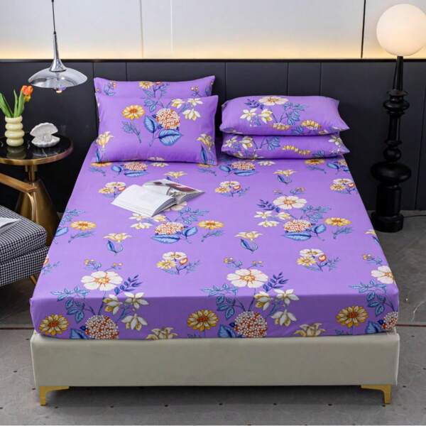 3 piezas Juego de sábanas ajustadas, 1 pieza sábana ajustada con estampado floral púrpura de poliéster + 2 piezas fundas de almohada, sin relleno, suave y cómodo, ajuste para cama tamaño full/twin
