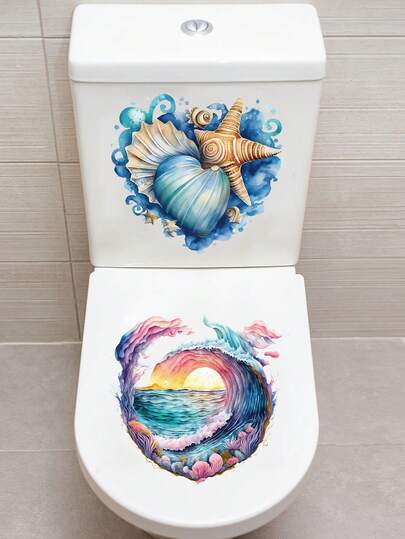 2 szt. Wodoodporna naklejka na toaletę z wzorem gwiazdy oceanu i fali, kolorowa naklejka ścienna z żółwiem morskim i rafą koralową, samoprzylepna dekoracja łazienki z PVC, naklejki ścienne do dekoracji pokoju, dekoracja toalety na festiwal, naklejka ścienna, dekoracja zbiornika na wodę prezenty urodziny ukończenie szkoły - 29,5*29,5 cm/1,61*11,61 cala