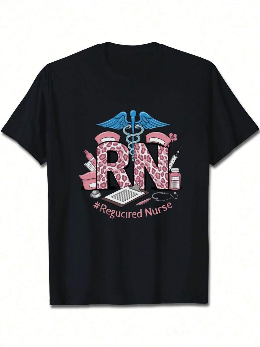 Caduceus Bold Pink Leopard Print Letters Pure Cotton Women's T-Shirt Comfort Fit - Black - View 1