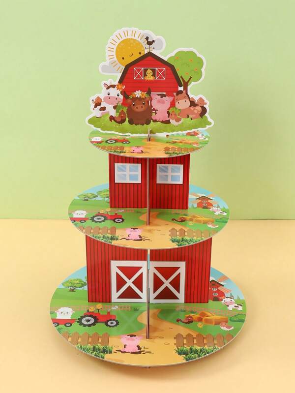 1 Set 3-stufiger Bauernhof-Tiere Cupcake/Kuchen Ständer, Rotes Bauernhof-Thema Geburtstagsparty Dekoration, Pappmaché Cupcake Ständer, Cupcake Turm Dessert Halter, Geburtstags-/Babyparty Tischdekoration