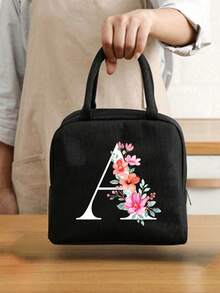 1pc Letter Print Insulated Lunch Bag, Thermal Lunch Tote, Handbag, Lunch Box, Ice Pack, Picnic Food Tote Bag, Canvas Lightweight Portable Lunch Storage Bag, Ideal For School, Office, Picnic, Birthday Gift, Souvenir. This Is A Novel Design With Large Capacity Portable Casual Lunch Insulation Bag, An Ideal Tote Bag For School Supplies. - Black - View 3