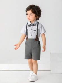 BOARNSEORL 2pcs Young Boys Formal Outfit Set - Short Sleeve Shirt With Bowknot And Suspender Shorts, Suitable For Banquet, Party, Performance, Wedding And Daily Outings - Grey - View 4