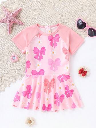 女童夏季沙滩泳衣，可爱蝴蝶结设计短袖荷叶边连体泳衣