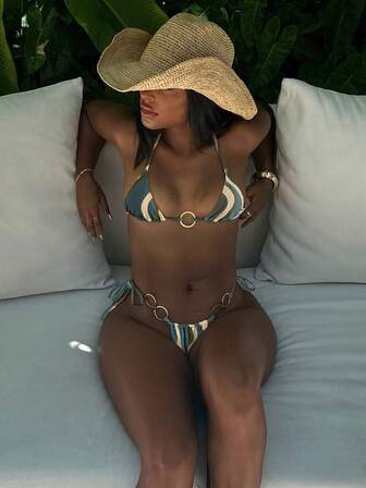 LUCKY HOLIDAY Fashionable Sexy Gold Circular Ring Tie Side Bikini Swimsuit Set