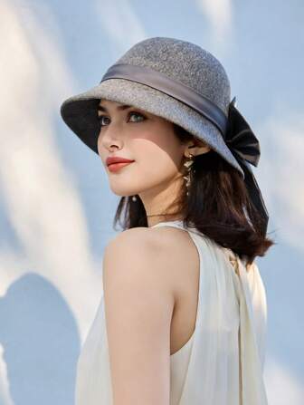 1 件女士新款优雅大蝴蝶结装饰渔夫帽，大帽檐透气渔夫帽，时尚女士高端优质太阳帽，适合春夏季户外、旅行、日常穿着