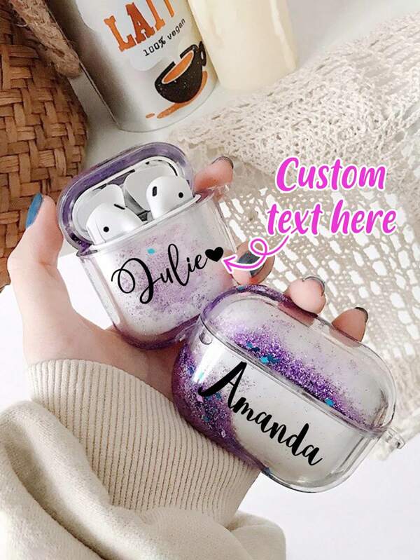 1pc Customized Name And Letter Quicksand Anti-Slip Pro 2 Earphone Case, Quicksand Decoration, Compatible With 1/2/3/Pro Fashion Earphone Case, Colorful, Fashion, Kawaii Customized, Personalized, Unique, Customized Ideal Gift For Him, Her Boyfriend, Girlfriend, Family, Friends, Grandparents, Couples, Pet Lovers, Suitable For Anniversary, Birthday, Graduation, Wedding, Prom, Mother's Day, Father's Day
