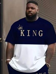 Blue & White Splice Plus Size Men Short Sleeve Set, Letter "KING" Graphic Breathable Sports Suit, Summer Street Casual Striped Short Sleeve & Shorts Set