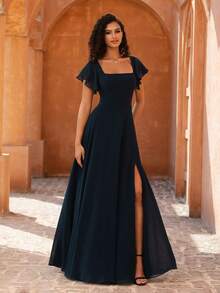 MOEVIO 女式方领荷叶边袖收腰雪纺露背长款优雅正式伴娘婚礼宾客派对舞会礼服，适合青少年、秋季返校节度假生日女士服装 - 藏蓝色 - 查看 3