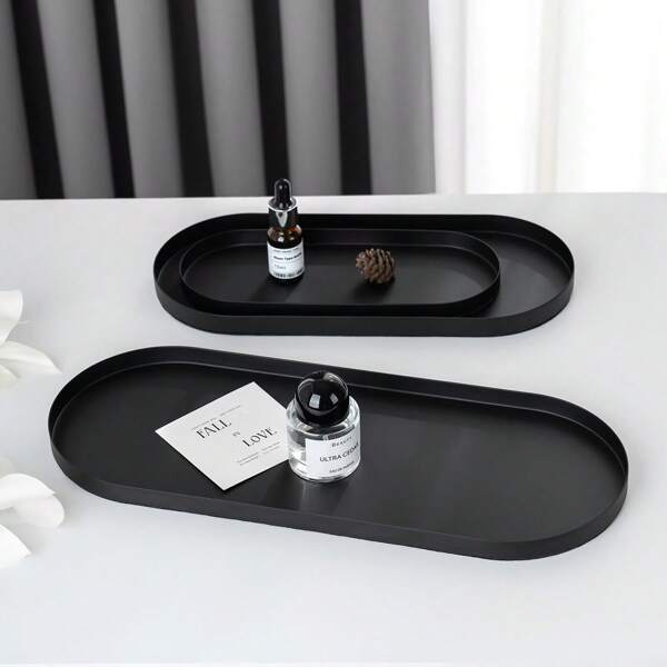 1pc Metal Storage Tray, Luxury Iron Art Jewelry Makeup Organizer Box, Decorative Vanity Tray For Living Room, Bedroom, Bathroom Countertop, Oval Shape, Black Color Valentine's Day