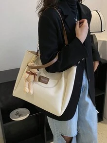 Bolso de PU de gran capacidad con decoración de cadena - Beis - Ver 6