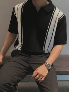 Áo thun dệt kim tay ngắn cổ chữ V dáng rộng, phối màu tương phản, kiểu dáng công sở châu Âu & Mỹ, dành cho cả nam và nữ, hàng mới về mùa xuân/hè. - màu đen - Xem 4