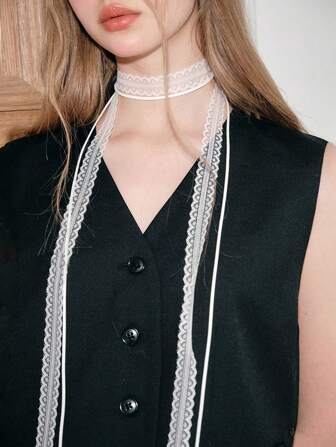 Multi-Layer Lace Ribbon Thin Long Scarf Necklace With Collar Design, Versatile For Spring/Summer