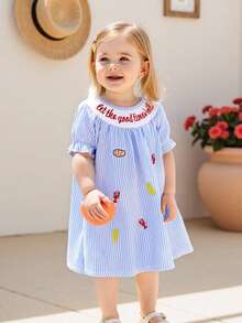 Girls' Summer Dress Embroidery Striped Short Sleeve Dress Round Neck Toddler Play Dress Lightweight Breathable - Blue - View 7