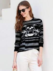 Womens Stripes T-Shirts Gothic Long Sleeve Round Neck Skull Print Loose Tops Fall Grunge Blouses - Black - View 1