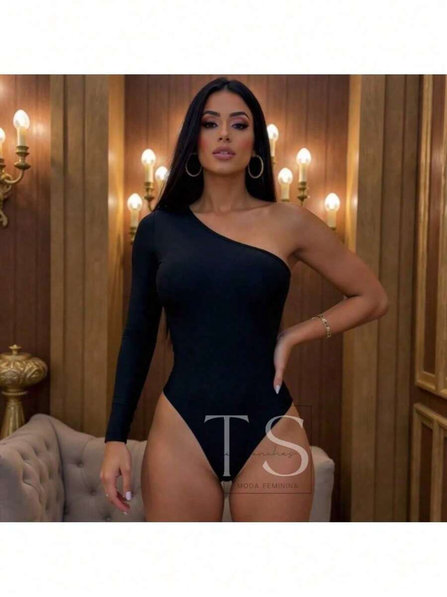WOMEN'S BODYSUIT MULE LONG SLEEVE ONE SHOULDER WINTER BODYSUIT FASHION - Black - View 1