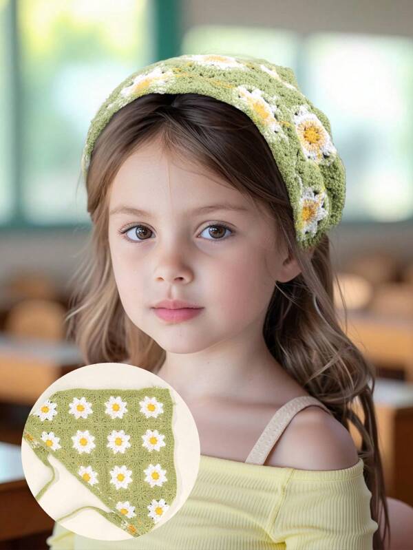 1pc Daisy Headscarf For Toddler Girls,Triangle Scarf Headband Bun Hat Scarf Kid's Headscarf Hat, Pastoral Elegant Headband, Weave Children Hair Accessories