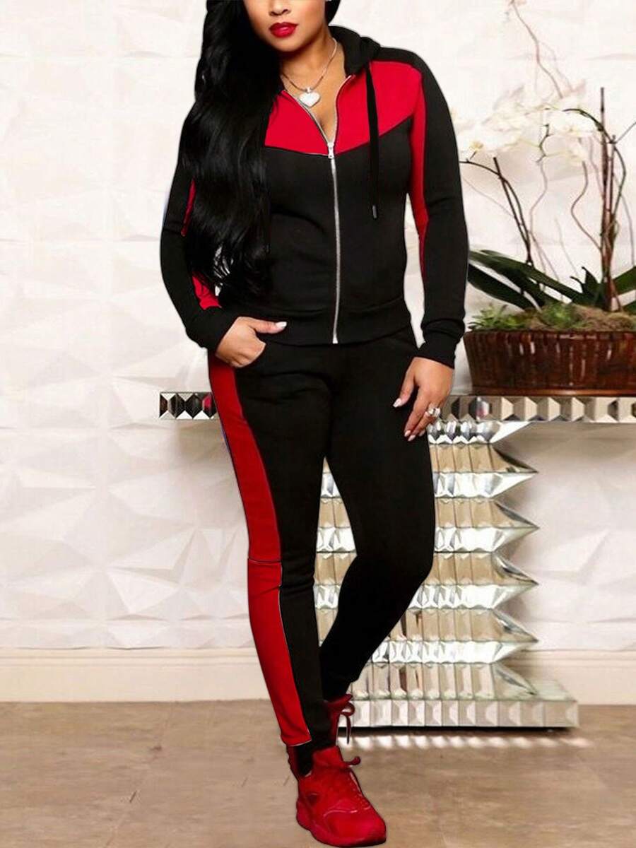 Conjuntos de 2 piezas para mujer: chándal para correr, chaqueta con cremallera de manga larga y pantalón largo - Negro - Ver 1