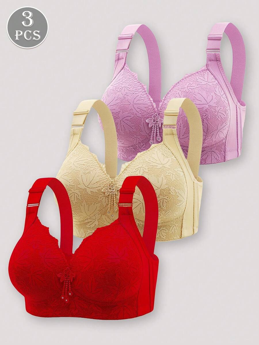 3pcs Bra Push-Up Tanpa Kawat Seksi Berenda Warna Polos untuk Wanita, Mengangkat & Memperindah Payudara, Anti-Kendur - MultiWarna - View 1