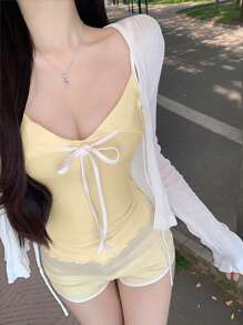 Damen sexy farbblockiges V-Ausschnitt Schleifen Rüschen Saum verstellbare Träger Bustier Top für Yoga & Sport