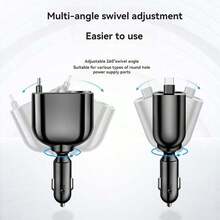 1 件黑色 ABS 五合一数字电压显示伸缩线车载充电器，USB+TYPE-C 快速充电，车载电源适配器。适用于 12-24V 车型 - 黑色 - 查看 5