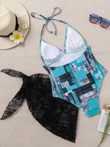 European & American Fashion Sexy Geometric Print Halter One-Piece Swimsuit With Matching Cover-Up Skirt