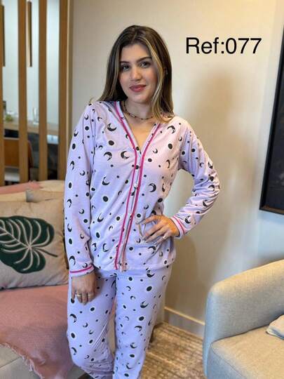 Pijama Americano longo Feminino c BotaoeleganteBotão