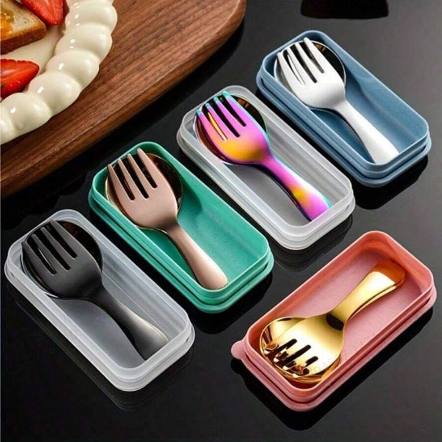 3件套不锈钢餐具套装带盒，含圆形勺子和叉子，适用于野餐聚会家庭，盒子颜色随机，学校用品 - 彩色 - 查看 1